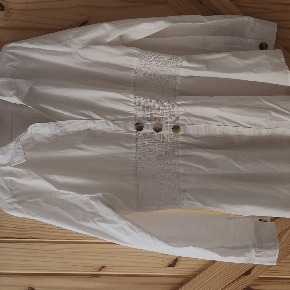 White Button-Up Shirt with Gold Accents